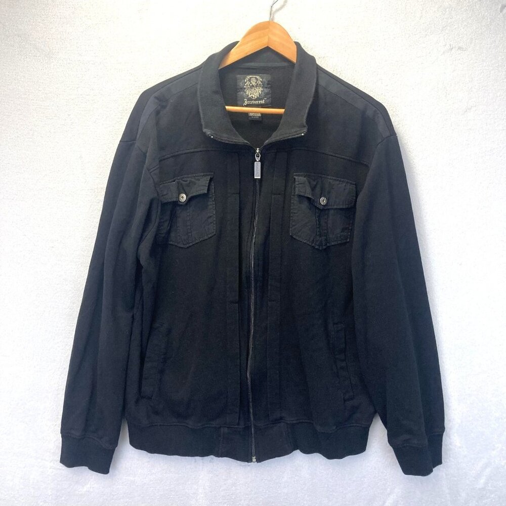 Irreverent Full Zip Up Jacket Mens‎ Size XL Black Knit Chest Pockets Casual Punk